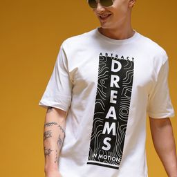 HERE&NOW Typography Printed Drop-Shoulder Sleeves Pure Cotton Oversized Longline T-shirt-image-91