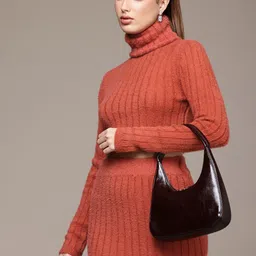 bebe Fuzzy Finish Self Striped Turtle Neck Crop Sweater With Skirt Co-Ords-image-33
