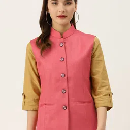 Vastraa Fusion Women Pink Textured Nehru Jacket-3