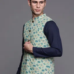 Indo Era Men Sea Green Floral Printed Ethnic Nehru Jacket-33