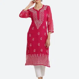 FAWOMENT Pink Embroidered Georgette Kurta with Inner-picture-17