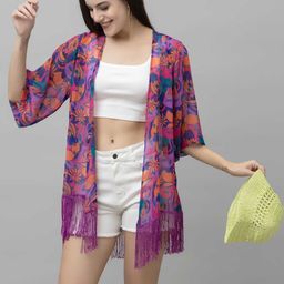 PURYS Floral Printed Tasselled Open Front Shrug-image-85