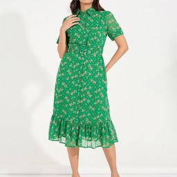 Styli Green Floral Printed Puff Sleeve Shirt Midi Dress With Belt-image-38