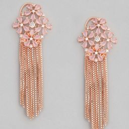 Justpeachy Pink & Rose Gold-Plated American Diamond Studded Floral Drop Earrings-31