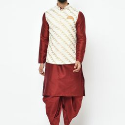 KISAH Men Cream-Coloured & Maroon Solid Kurta with Dhoti Pants-55