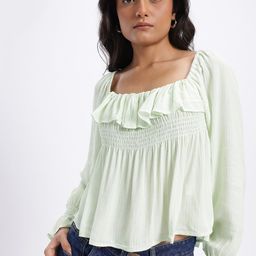 glitchez Abstract Print Ruffled Smocked Pleated Detail A-Line Top with Bell Sleeves-29