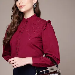 French Connection Floral Embroidered Band Collar Ruffles Pure Cotton Shirt Style Crop Top-picture-49