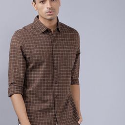 HIGHLANDER Men Brown & White Slim Fit Checked Casual Shirt-image-0