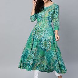 Jompers Women Green & Blue Printed A-Line Kurta-picture-21
