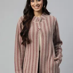 Pierre Carlo Women Maroon Striped Longline Sweater-image-44
