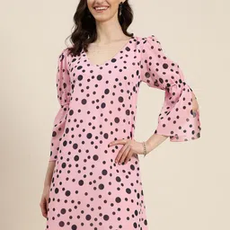Qurvii Polka Dots Print Flared Sleeves Georgette A-Line Dress-image-12