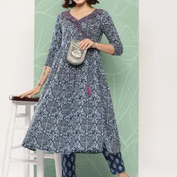 KALINI Women Printed Angrakha Thread Work Pure Cotton Kurta with Trousers-image-9