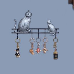 Golden Peacock Silver-Toned & Black Iron Cat Style Wall Hanging Key Holder-image-45