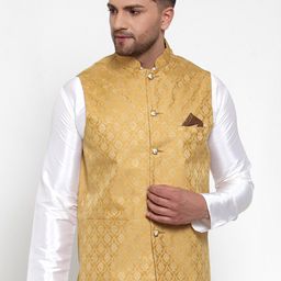 Jompers Men Gold-Coloured Woven Design Nehru Jacket-picture-1