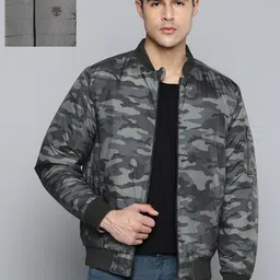 Indian Terrain Men Charcoal Grey & Black Camouflage Print Reversible Bomber Jacket-image-71