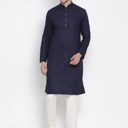 VASTRAMAY Men Navy Blue & Cream-Coloured Solid Kurta with Pyjamas-10