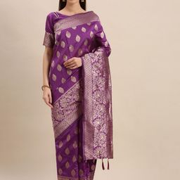 Mitera Purple Silk Blend Woven Design Kanjeevaram Saree-image-27