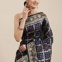 Mitera Navy Blue & Golden Silk Blend Bandhani Saree-picture-15