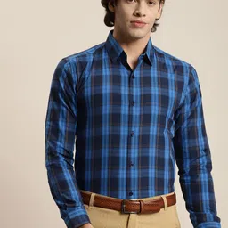 SOJANYA Men Navy Blue Tartan Checks Formal Shirt-image-11
