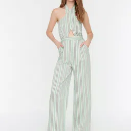 Trendyol Women Green & White Striped Basic Jumpsuit-image-99