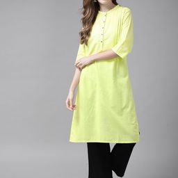 W Women Lime Green Solid Pure Cotton Kurta-image-18
