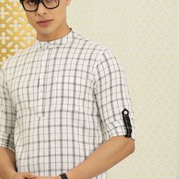 House of Pataudi Men White & Black Checked Rozana Kurta-image-11