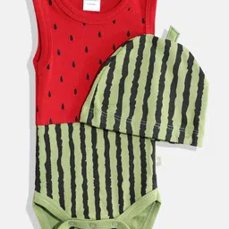 Moms Love Infant Boys Printed Watermelon Pure Cotton Bodysuit Comes with a Cap-40