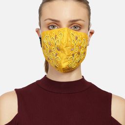 Anekaant Women Yellow & Gold 3-Ply Embellished Fabric Fashion Mask-18