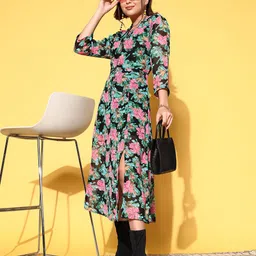 plusS Women Elegant Green Floral Peekaboo Slit Dress-image-38