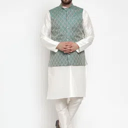 Jompers Men White & Green Solid Kurta with Churidar And Nehru Jacket-picture-32
