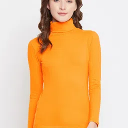 Hypernation Women Mustard Solid High Neck T-shirt-image-13