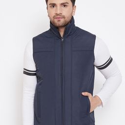 Spirit Men Navy Blue Solid Windcheater Padded Jacket-image-5