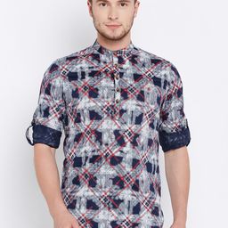 The Indian Garage Co Men Navy Blue & Off-White Checked Straight Kurta-image-65