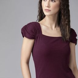Roadster Burgundy Striped Gathered Fitted Top-image-11