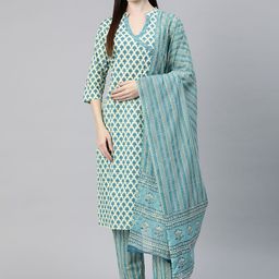 Readiprint Fashions Women Floral Printed Sequinned Cotton Kurta with Palazzos & Dupatta-8
