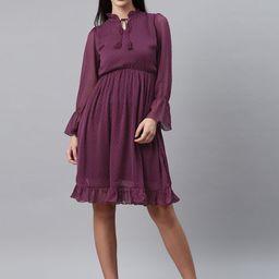 plusS Women Purple Dobby Weave A-Line Dress-image-29