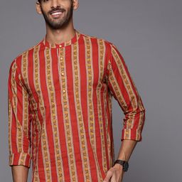 Indo Era Men Red & Yellow Pure Cotton Striped Floral Printed Kurta-2