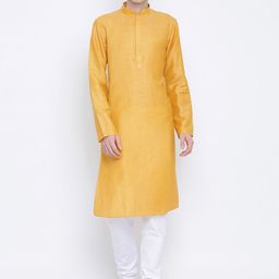 NAMASKAR Men Mustard Yellow Solid Linen Straight Kurta-image-71