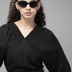 Roadster Black Solid Smocked Detail Top-image-96