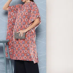 Janasya Ethnic Motifs Printed Kantha Work Pure Cotton Kaftan Kurta-picture-1