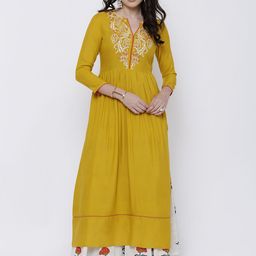 Vishudh Women Mustard Yellow Pleated A-Line Kurta-image-95
