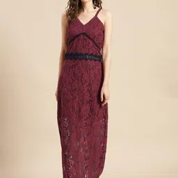 WoowZerz Burgundy Floral Net A-Line Maxi Dress-picture-43