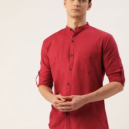 JAPS Men Red Cotton Linen Solid Classic Fit Casual Shirt-image-99