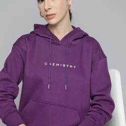 Chemistry Women Purple Printed Hooded Drop Shoulder Fleece Sweatshirt-image-17