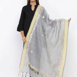 SOUNDARYA Grey & Golden Hand Embroidered Dupatta-picture-15