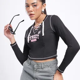glitchez Street Texture Contrast Stitch Lace-Up Printed Crop Top-image-31