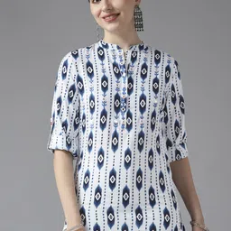 Amirah s White & Navy Blue Print Mandarin Collar Roll-Up Sleeves Shirt Style Top-image-82