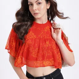 glitchez Floral Print Gathered A-Line Crop Top-image-57