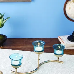 HOSLEY Gold-Toned & Blue Table Candle Holder With Tea Lights-11