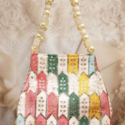 Rubans Multicolour Embroidered Pearl Beaded Handle on Cream Base Potli Bag-38